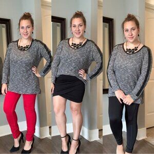 Two by Vince Camuto | Heather Gray, Black Leather Trimmed Sweater | Size Medium